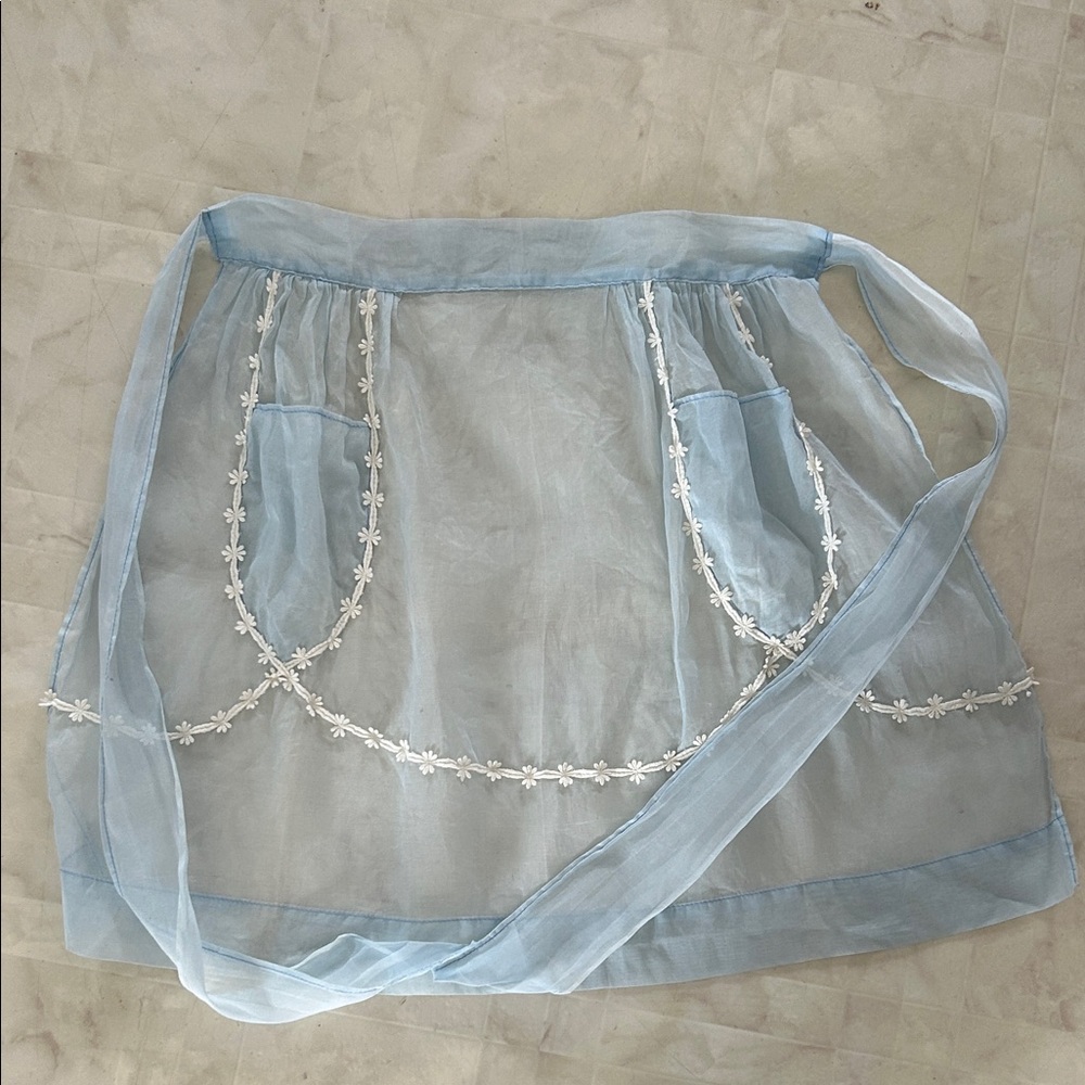 Vintage ladies Sheer Blue Apron with White Floral Trim